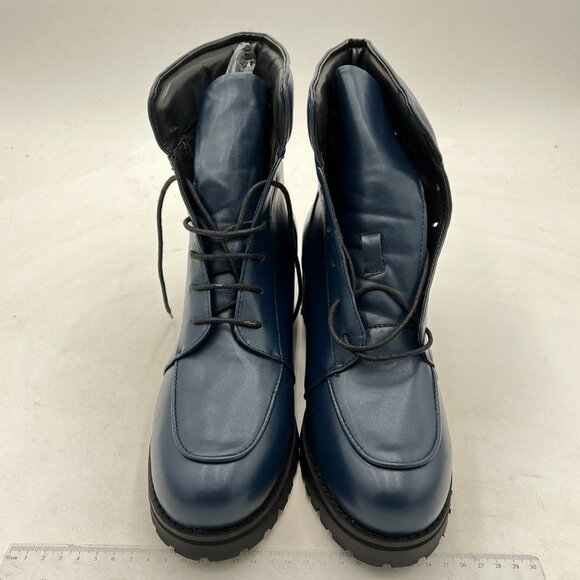 YDN Blue Round Toe Lug Sole Trendy Lace Up Chunky Low Heel Combat Ankle Boots - Picture 3 of 8